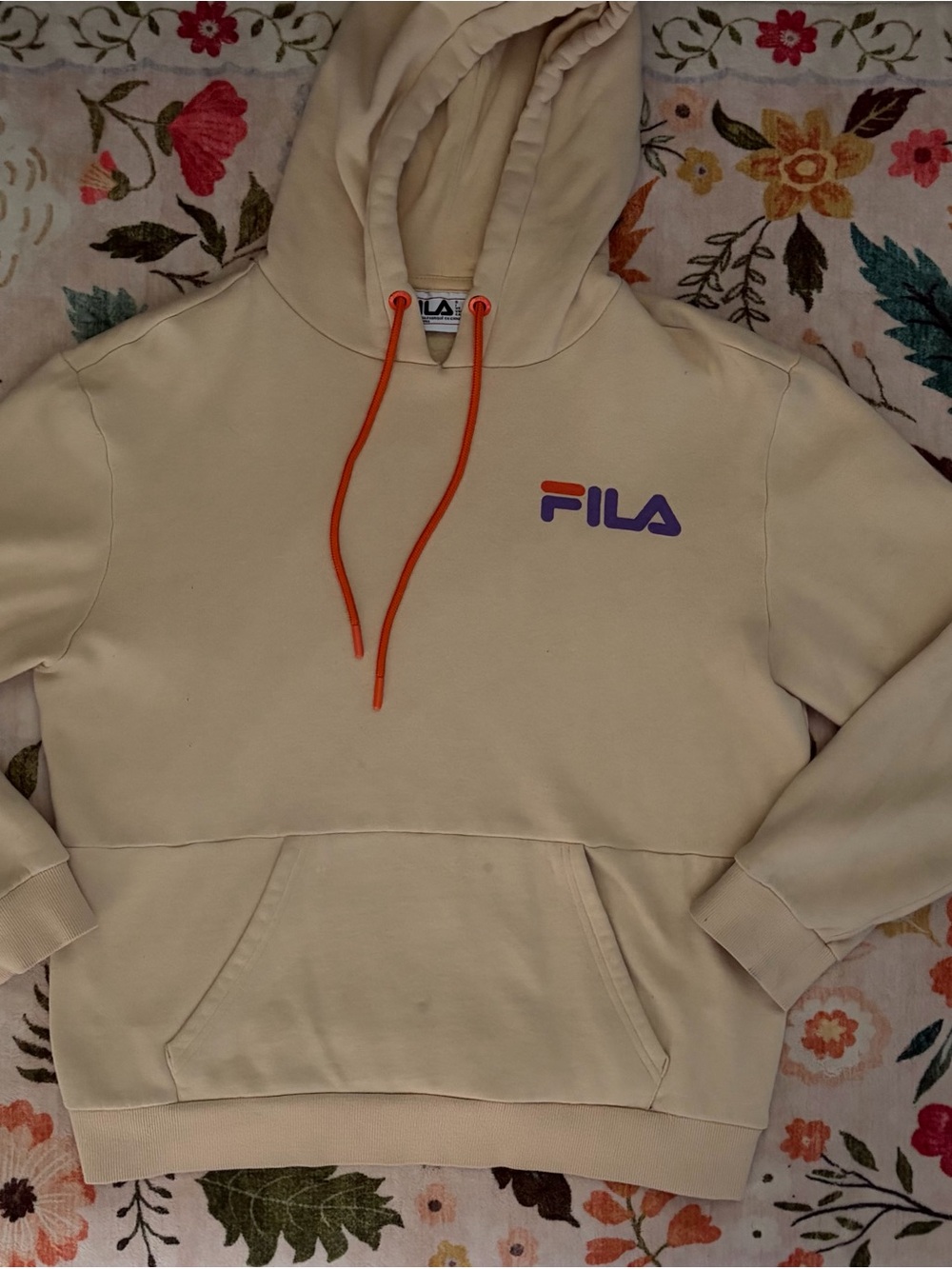 Fila Men's Cream Crewneck Hoodie with Orange Drawstrings and Purple Logo